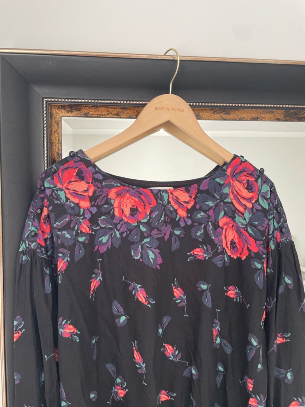 Anthropologie // Maeve Black Long Sleeve Blouse w/ Coral Roses - Picture 4 of 6